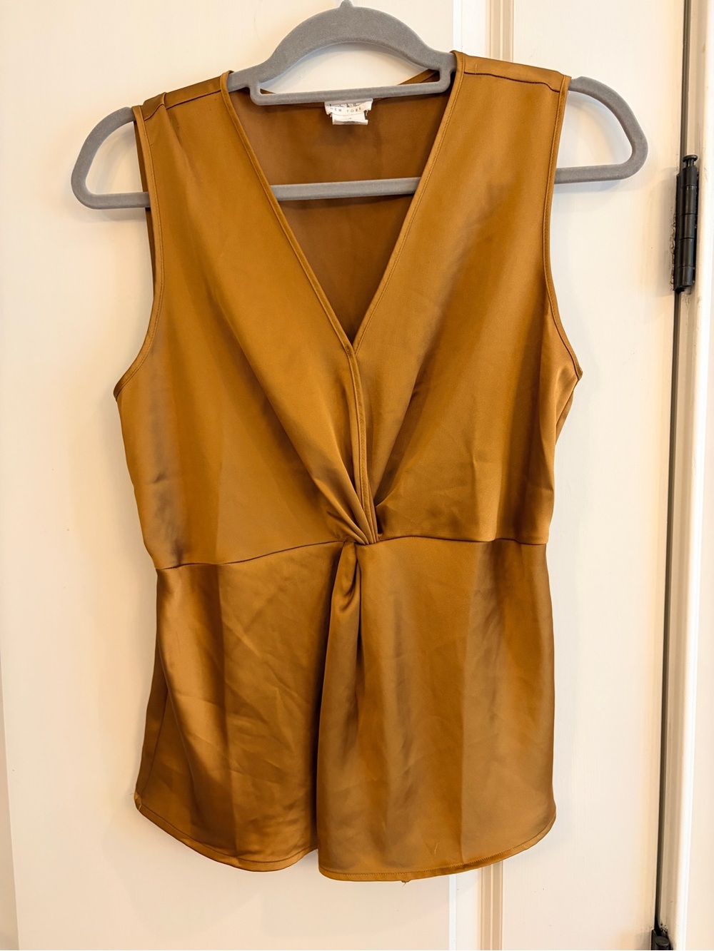 Nicole Miller New York Satin Twist Front Blouse Top Tan Size M